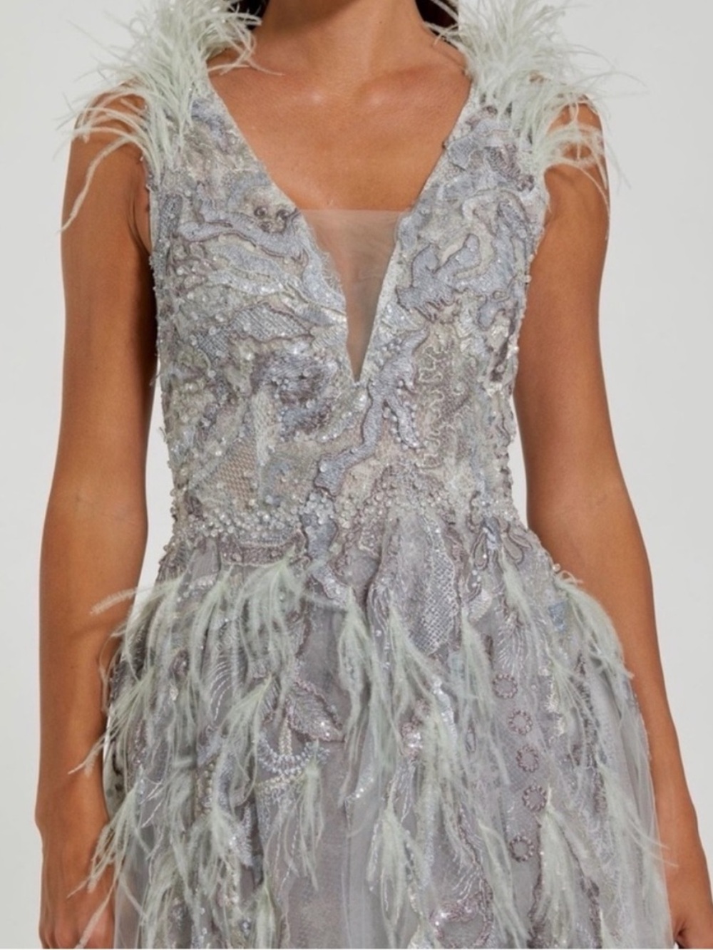 NWT NEVER WORN - Mac Duggal Seamist Green Feathered Embellished Dress